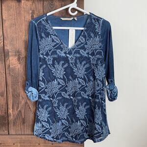 NEW Soft Surroundings Top Womens XS embroidered Blue Woven Boho Hippie Artsy